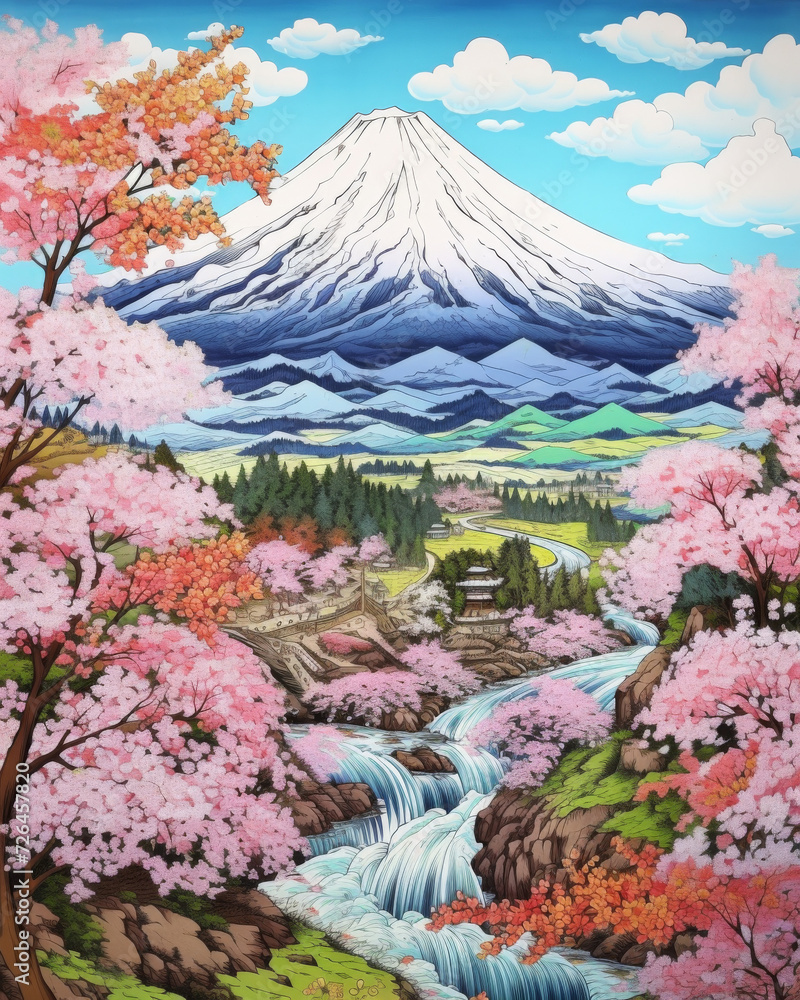 Japanese Ukiyo-e Inspired Beautiful Mountain Range in Vibrant Spring Colors and Blooms.Perfect for Backgrounds,Book Covers ,Illustrations,Artistic Merchandise,Event Invitations,Social Media,Wallpapers