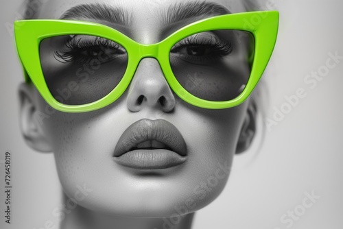 A fashionable woman's vibrant green sunglasses accentuate her face, adding a touch of chic to her ensemble