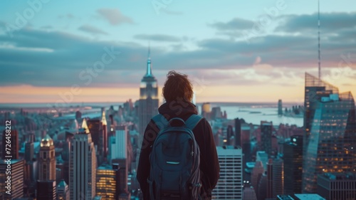 a person with a backpack looking at a busy city on the sunset