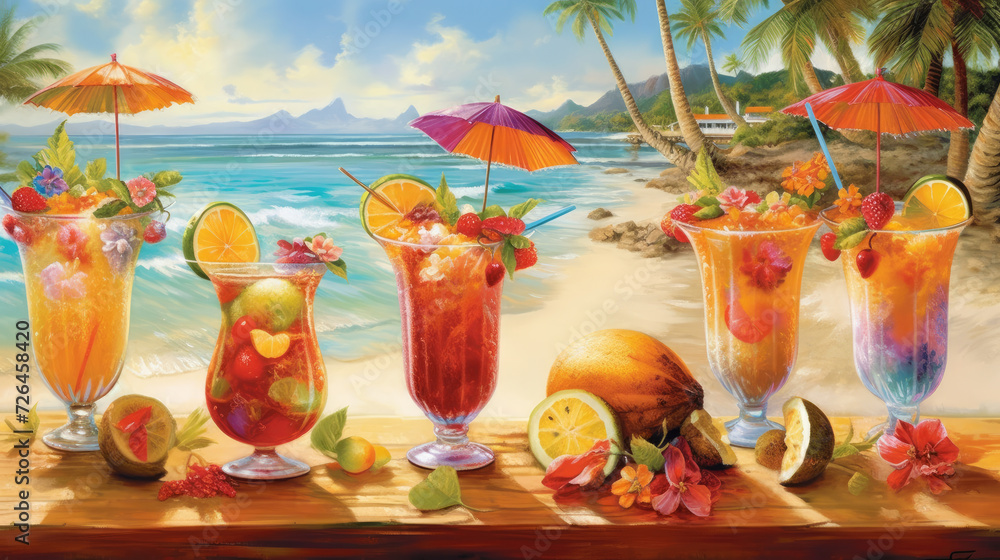 Five Refreshing Drinks Garnished with Tropical Fruits on the Beach - Generative AI