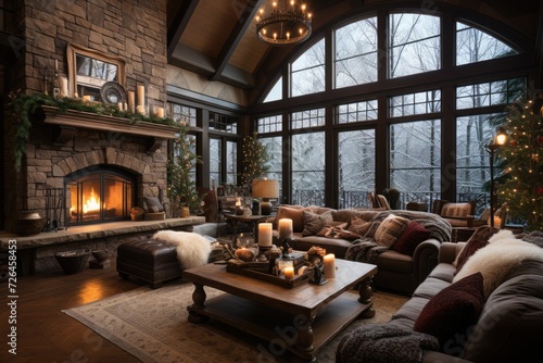 A cozy living room adorned with Christmas decorations and a crackling fireplace, creating a warm and inviting atmosphere