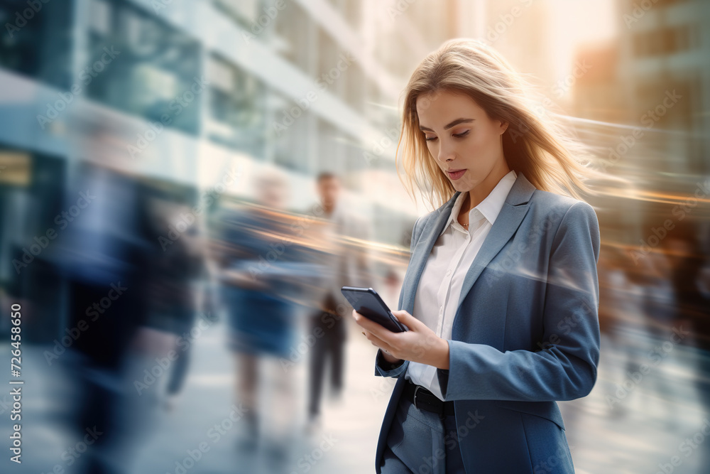 Businesswoman using her mobile phone, typing messages while navigating through busy streets during rush hour. Businesswoman using her mobile phone, typing messages while navigating through busy streets during rush hour.