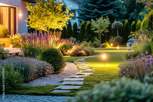 Enchanted Evening in a Well-Lit Garden Pathway with Blooming Flowers and Lush Greenery photo