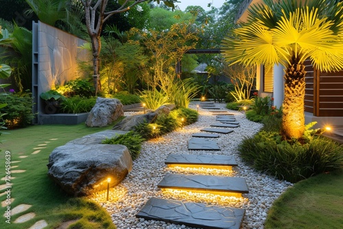 Fototapeta Naklejka Na Ścianę i Meble -  Tranquil Nighttime Garden Walkway Enhanced with Strategic Lighting and Tropical Foliage