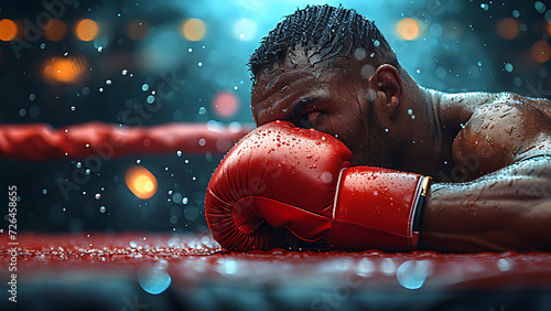 TKO knockout boxing man lying on the floor, boxing arena.