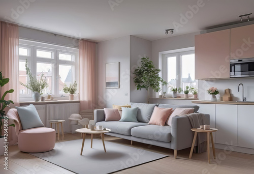 Wallpaper Mural Small cozy apartment in a bright Scandinavian style with a stylish design with a large window, living room, hygge concept, Torontodigital.ca