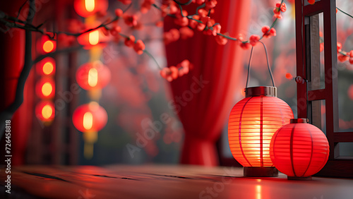 Spring Festival atmosphere, festive, red, red curtains as background, small red lanterns as decoration, empty table corner, close-up shot, high-end, window sill live shot. Chinese New Year. photo