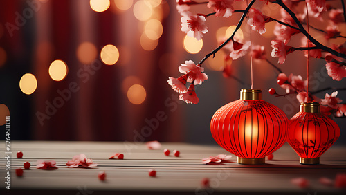 Spring Festival atmosphere, festive, red, red curtains as background, small red lanterns as decoration, empty table corner, close-up shot, high-end, window sill live shot. Chinese New Year. photo