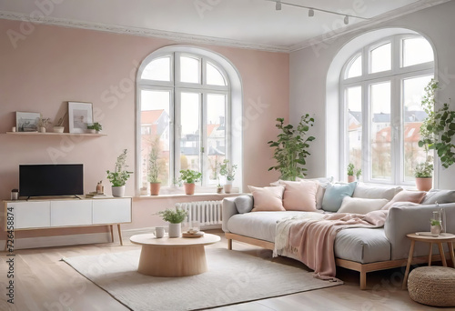 Small cozy apartment in a bright Scandinavian style with a stylish design with a large window, living room, hygge concept,