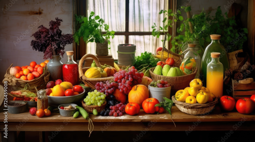 Abundant Harvest of Fresh Fruits and Vegetables on Wooden Table - Generative AI Abundant Harvest of Fresh Fruits and Vegetables on Wooden Table - Generative AI