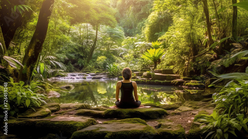 Woman Meditating in a Lush Forest - Generative AI