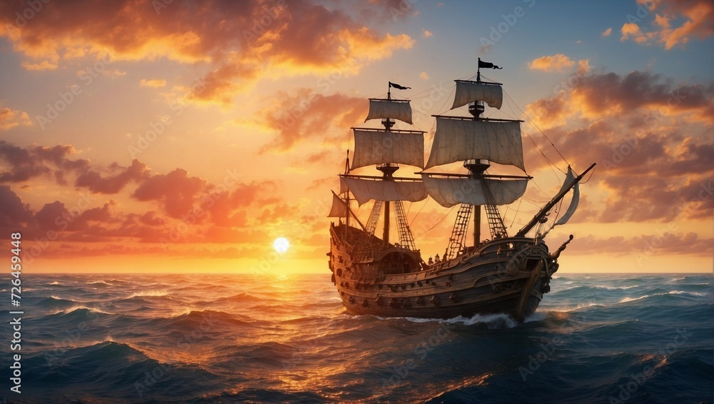 Sunset at sea and a pirate ship


