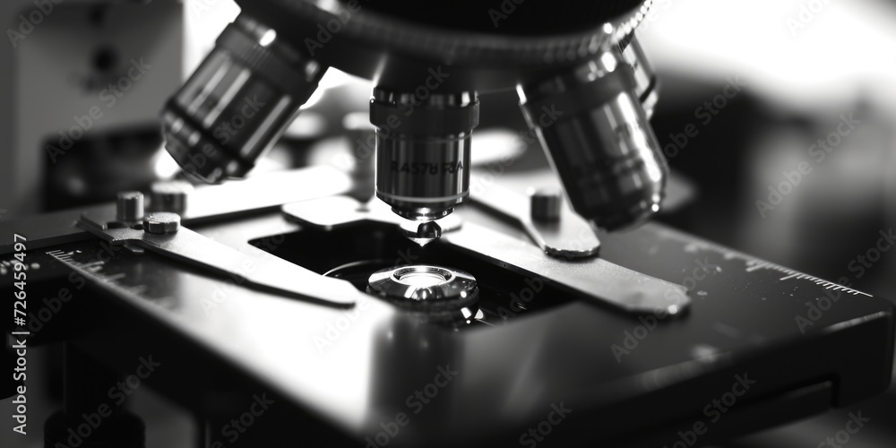 A black and white photo of a microscope. Can be used for scientific research, education, or medical purposes A black and white photo of a microscope. Can be used for scientific research, education, or medical purposes