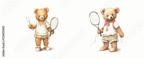 Adorable Illustrated Teddy Bears Ready for a Tennis Match, Clad in Classic Attire and Equipped with Rackets