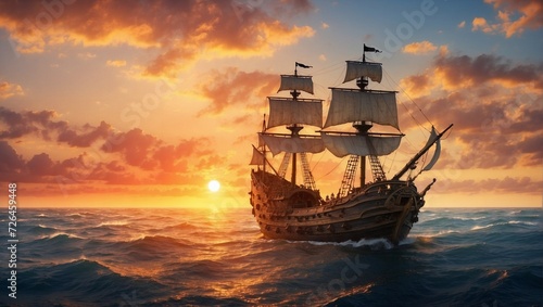 Sunset at sea and a pirate ship   © ponpary