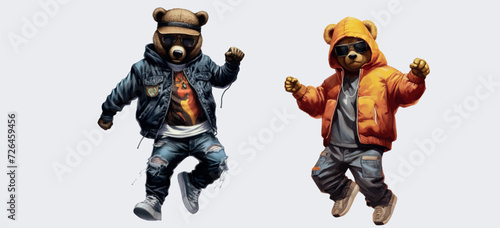 Urban Fashion Bears: Vector Illustration of Two Stylish Bears in Trendy Streetwear, Showcasing Dynamic Poses and Modern Outfits for Urban Fashion Themes