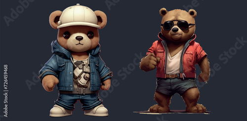 Urban Wildlife in Action: Vector Illustration of Stylish Bear Cubs Engaging in Human Activities, Shopping and Skateboarding in the City