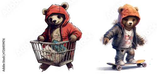 Urban Wildlife in Action: Vector Illustration of Stylish Bear Cubs Engaging in Human Activities, Shopping and Skateboarding in the City
