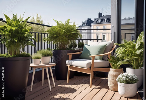 Beautiful cozy design of balcony or terrace with wooden floor  chair and green plants in pots. Cozy relaxation area at home. Sunny stylish terrace-balcony in the house 