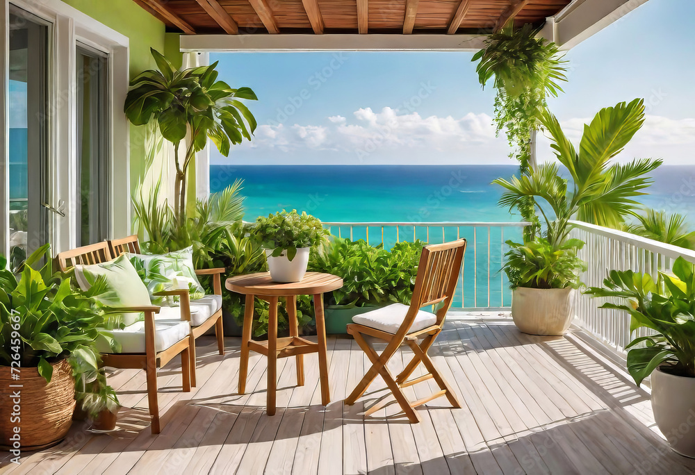 Beautiful cozy design of balcony or terrace with wooden floor, chair and green plants in pots. Cozy relaxation area at home. Sunny stylish terrace-balcony in the house,