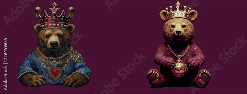 Regal Bears: Two Majestic Bears Adorned in Royal Attire, Crowned and Jeweled, Illustrating Sovereignty and Nobility, Perfect for Creative