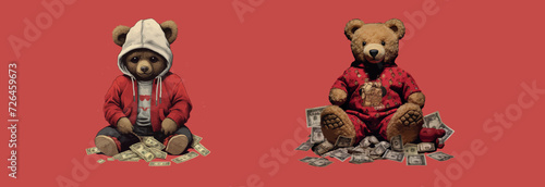 Two Stuffed Bears in Stylish Outfits Surrounded by Cash on a Red Background: A Conceptual Representation and Luxury