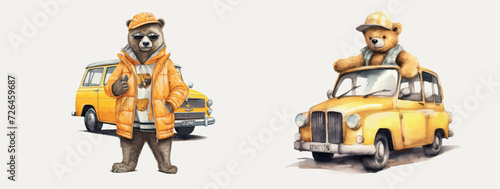 Whimsical Illustration of a Bear in Construction Gear with a Classic Yellow Car, Artistic and Creative Design for Children’s