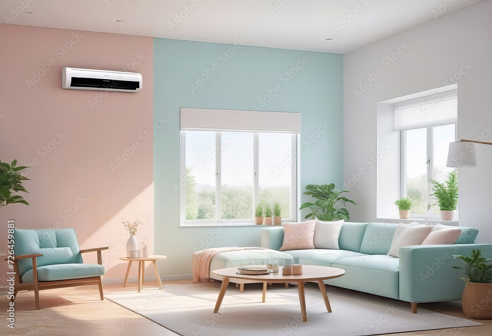 Home air conditioner installed in a room with a sofa and a view from the window, the concept of a pleasant atmosphere and control the temperature of the house, Home air conditioner installed in a room with a sofa and a view from the window, the concept of a pleasant atmosphere and control the temperature of the house,