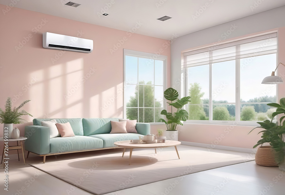 Home air conditioner installed in a room with a sofa and a view from the window, the concept of a pleasant atmosphere and control the temperature of the house, Home air conditioner installed in a room with a sofa and a view from the window, the concept of a pleasant atmosphere and control the temperature of the house,