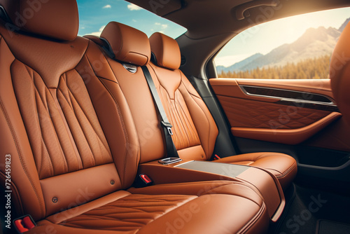 Modern Luxury Car Interior. Orange leather seats. Car detailing. © Creative