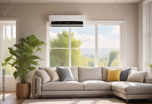 Home air conditioner installed in a room with a sofa and a view from the window, the concept of a pleasant atmosphere and control the temperature of the house, © Perecciv