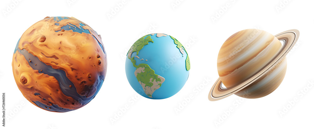 Collection of Bright Planets and Our Earth: Basic 3D Rendered Cartoon Illustration for Kids, Isolated on Transparent Background, PNG