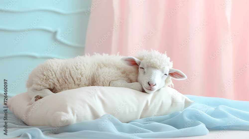 Banner with Fashionable Anthropomorphic Cute White Sheep Sleeping on Soft White Pillow, Dreamy Pastel Color Palette of Soft Pink and Blue, Space for Text Banner with Fashionable Anthropomorphic Cute White Sheep Sleeping on Soft White Pillow, Dreamy Pastel Color Palette of Soft Pink and Blue, Space for Text