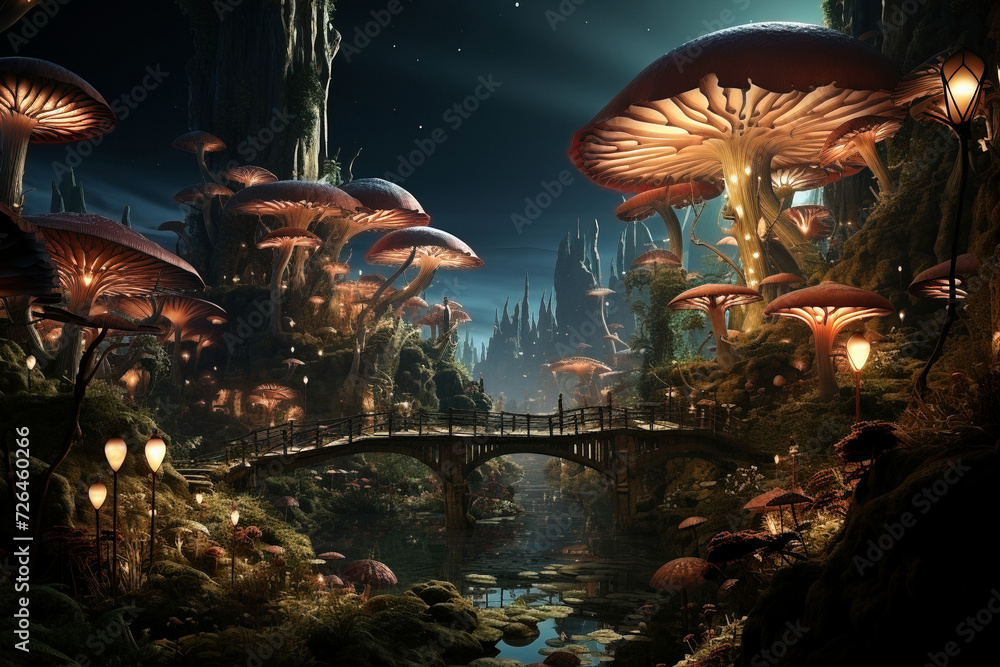 Fabulous magical forest village with mushrooms