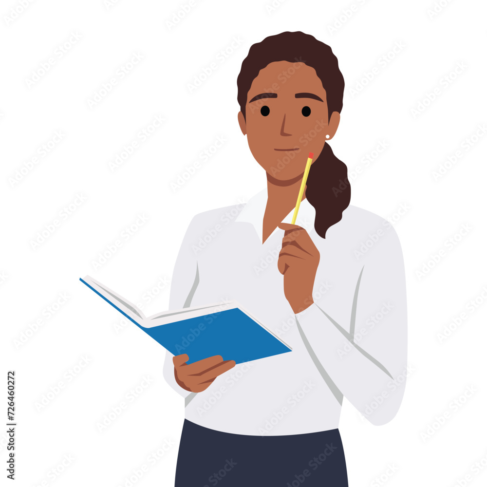 Cute woman writes some notes in notepad. Young student girl is thoughtful with pencil in hand. Flat vector illustration isolated on white background Cute woman writes some notes in notepad. Young student girl is thoughtful with pencil in hand. Flat vector illustration isolated on white background