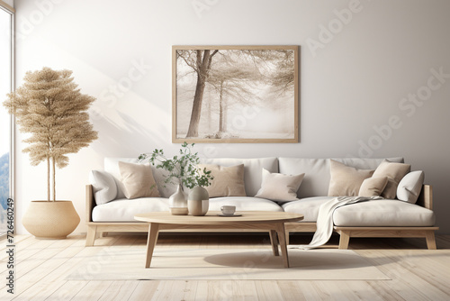 Interior of modern living room with white walls, wooden floor, beige sofa and coffee table with plant. 3d render