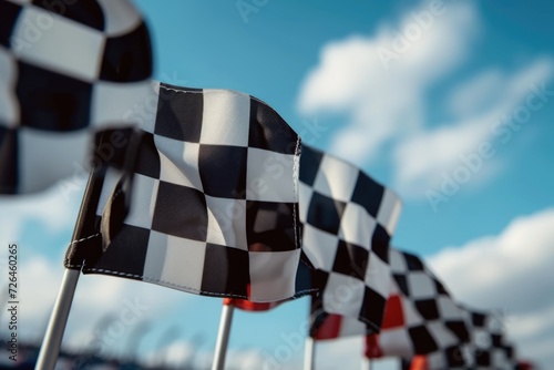 A row of black and white checkered flags flying in the air. Perfect for sports events, racing themes, or victory celebrations