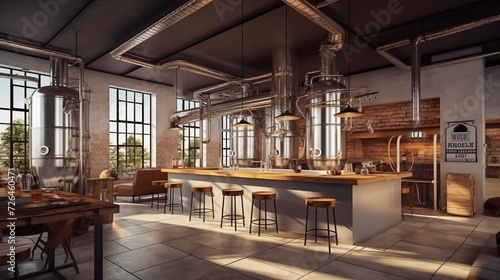Copper brewery. Distillery. Modern beer plant with brewering kettles, tubes and tanks. Microbrewery