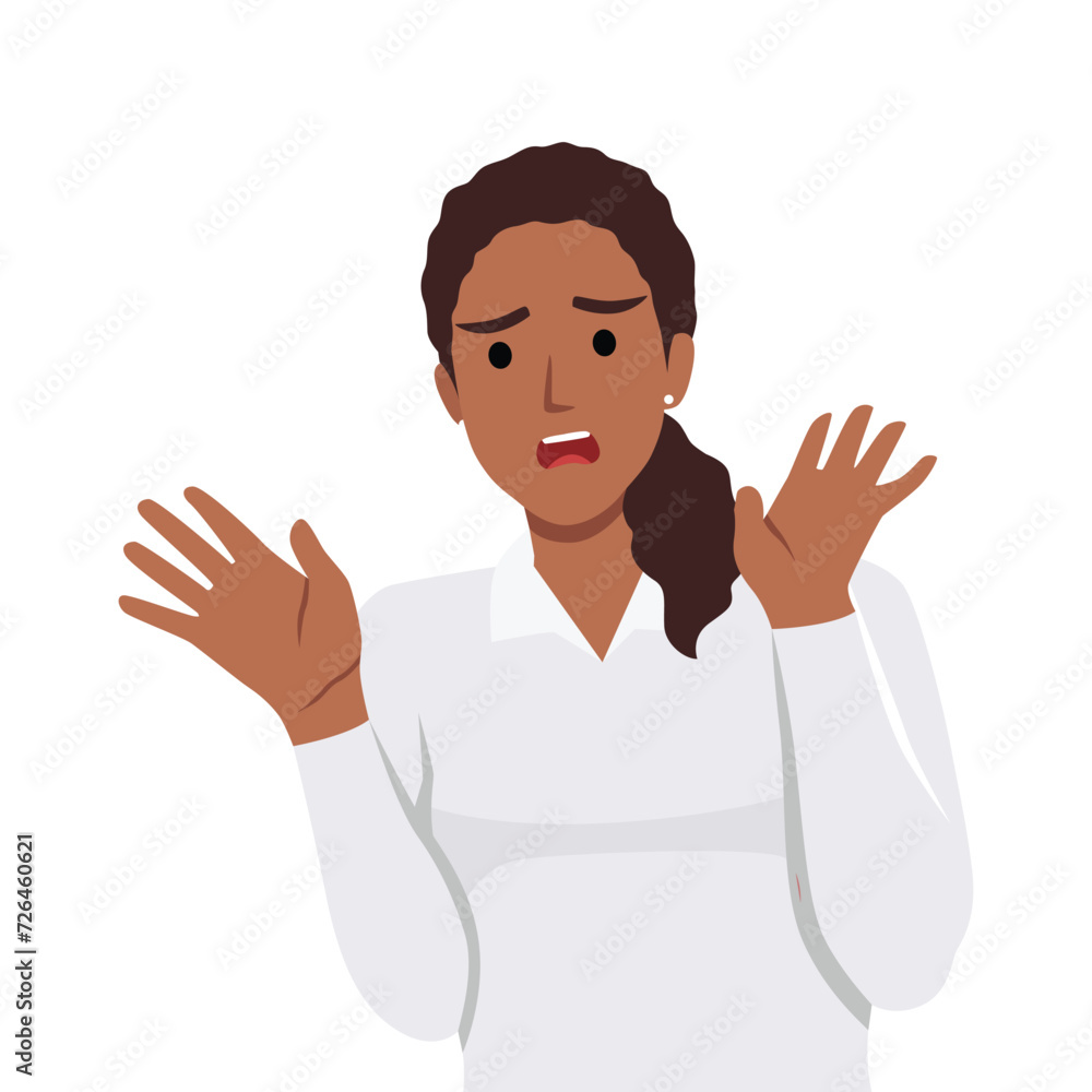 Scared young woman show no hand gesture. Terrified female feel frightened and stressed ask to stop. Emotion and fear concept. Flat vector illustration isolated on white background Scared young woman show no hand gesture. Terrified female feel frightened and stressed ask to stop. Emotion and fear concept. Flat vector illustration isolated on white background