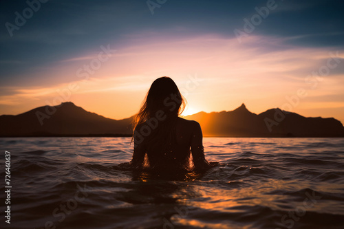 Back view of female silhouette in rippling water and enjoying sunset