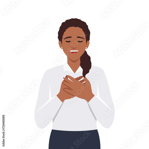 Happy calm young woman hold keep hands at chest feel grateful and thankful at heart. Flat vector illustration isolated on white background