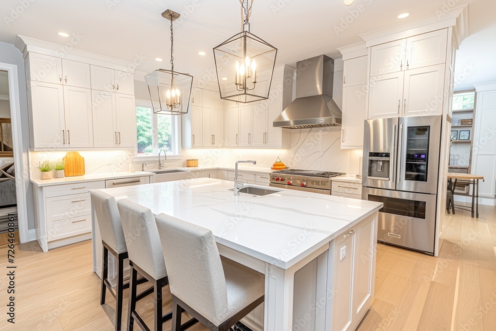 A spacious kitchen featuring a center island and white cabinets. Perfect for home decor and interior design projects A spacious kitchen featuring a center island and white cabinets. Perfect for home decor and interior design projects