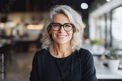 Portrait of smiling middle aged elegant small business owner, female company manager, happy beautiful mature female manager. photo