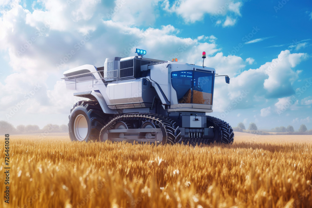 Obraz premium Self future driving unmanned autonomous rye harvester working in field