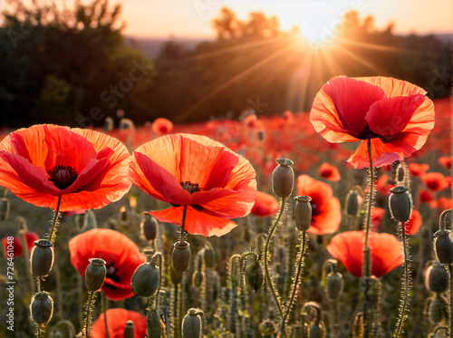 Poppies: The Bright and Delicate Flowers that Bloom in the Countryside and Create a Peaceful and Scenic Landscape at Sunset