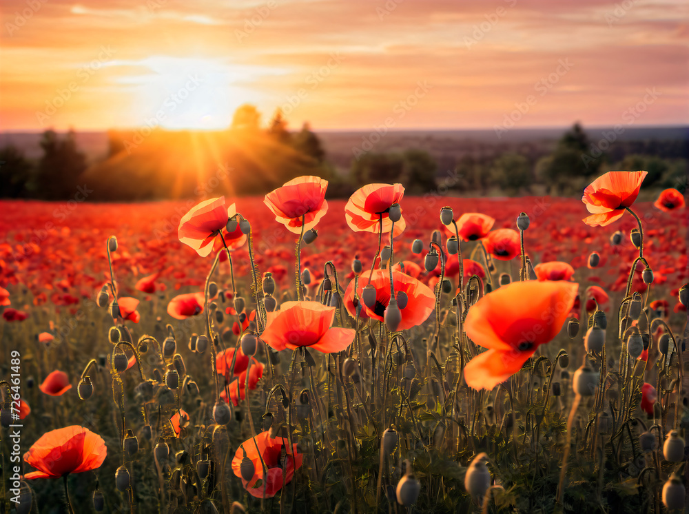 Obraz premium Poppies: The Bright and Delicate Flowers that Bloom in the Countryside and Create a Peaceful and Scenic Landscape at Sunset