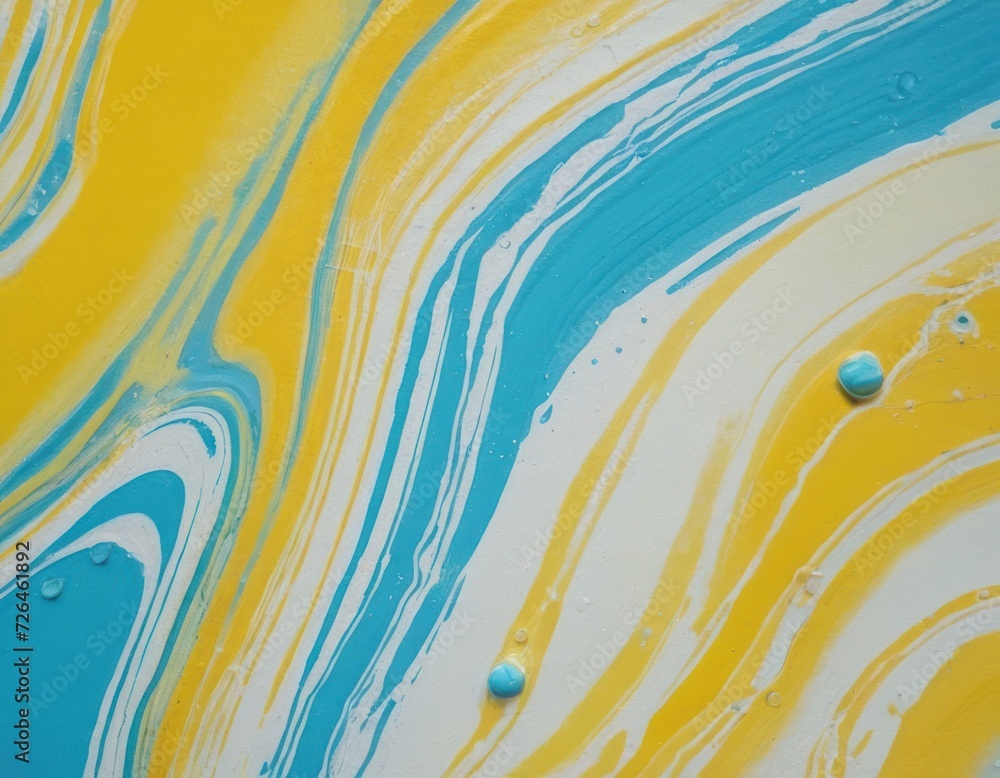 a beautiful blue and yellow paint effect, in the style of fluid acrylics, streaked, water drops