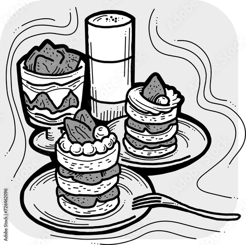 Sweet dessert cake with fruits for celebration birthday party or wedding, tasty breakfast. For cafe, restaurant menu print, postcard or poster. Hand drawn illustration. Cartoon style line art drawing.