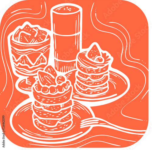 Sweet dessert cake with fruits for celebration birthday party or wedding, tasty breakfast. For cafe, restaurant menu print, postcard or poster. Hand drawn illustration. Cartoon style line art drawing.