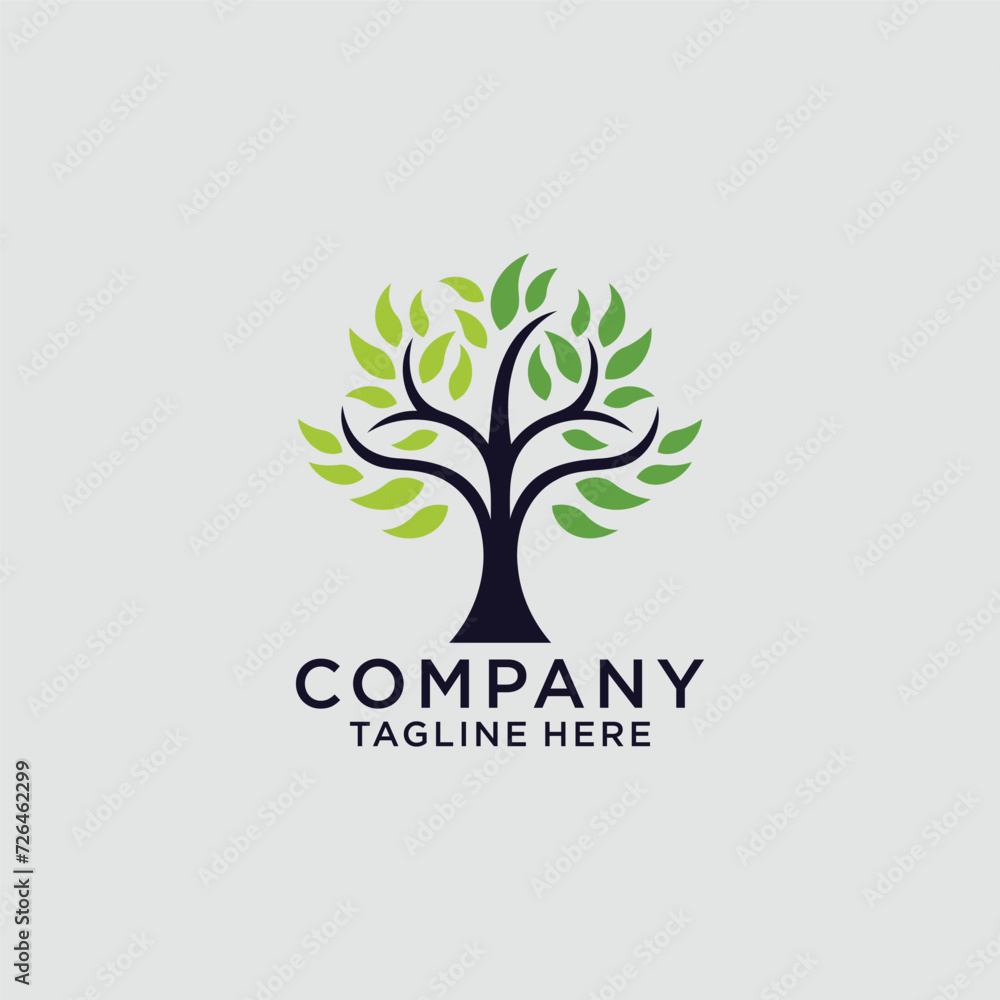 Obraz premium Tree logo icon template design. Garden plant natural line symbol. Green branch with leaves business sign. Vector illustration.